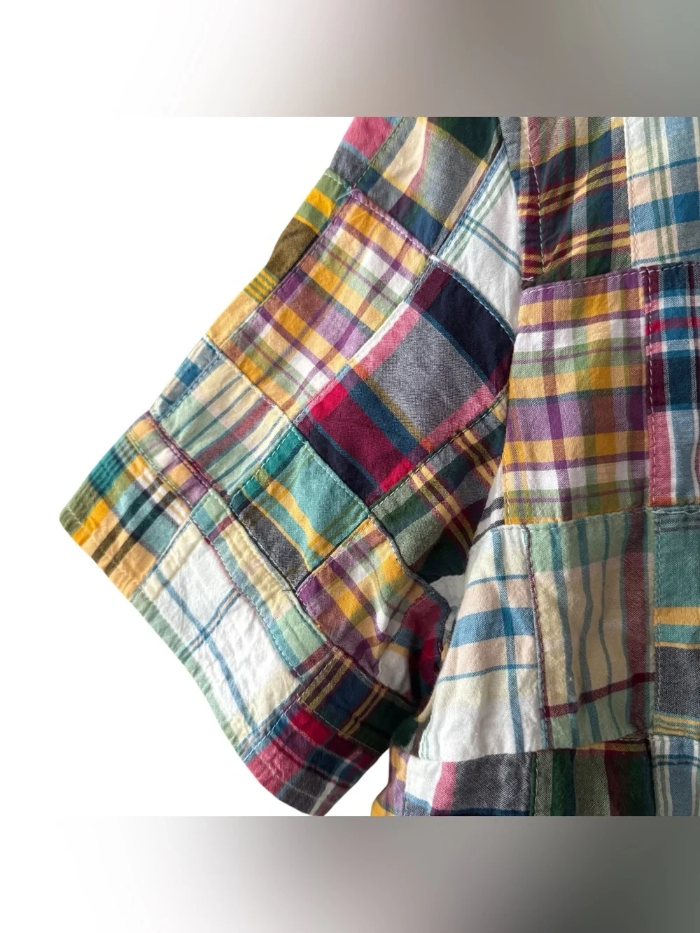 J Crew Patchwork Madras Plaid Button Front Shirt Short Sleeve Size Large